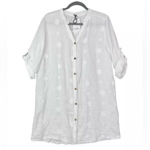 Rosemarine 100% linen tunic blouse button up polka dots large roll tab white